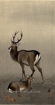 Deer Painting - stag and recumbent doe Ohara Koson deer